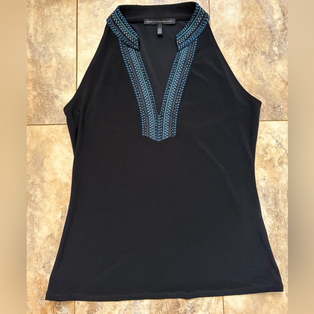 NWOT White House Black Market Black Sleeveless Embroidered Halter Top Size Small